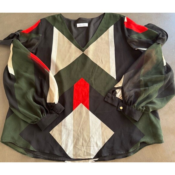 Calvin Klein Floral Blouse Tunic Top Size L Sheer Long Sleeve Green Orange Black - Picture 2 of 9